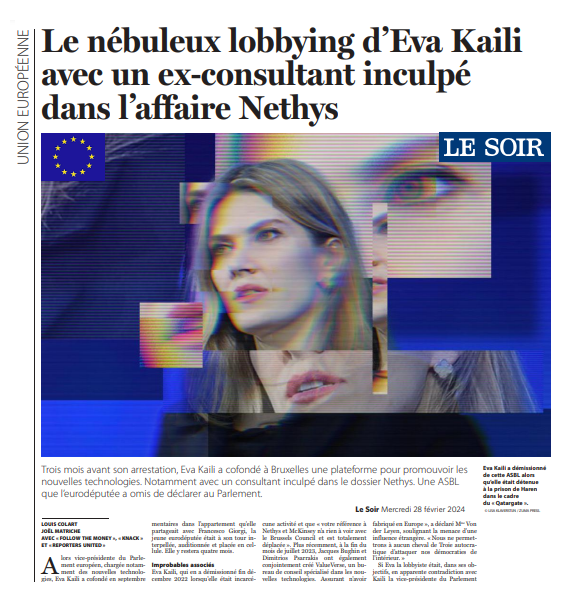 TransparenciaBE's tweet photo. Eva Kaili, associée à un des inculpés de l'affaire Nethys (Liège) proposait son lobbying pour 250 000 € aux entreprises et 50 000 € aux ONG pour influencer le parlement européen. https://t.co/ZNGWNhwSIU https://t.co/D7BPt7W6S8