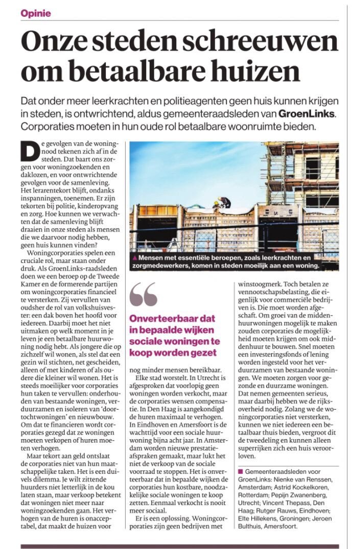 Wonen is een grondrecht, maar het lukt steeds minder mensen om op eigen kracht een betaalbare woning te vinden. Hier ligt daarom een taak voor de overheid en daar hebben we sterke woningbouwcorporaties bij nodig. Vandaar deze gezamenlijke oproep in het <a href="/ADnl/">AD.nl</a> vandaag: