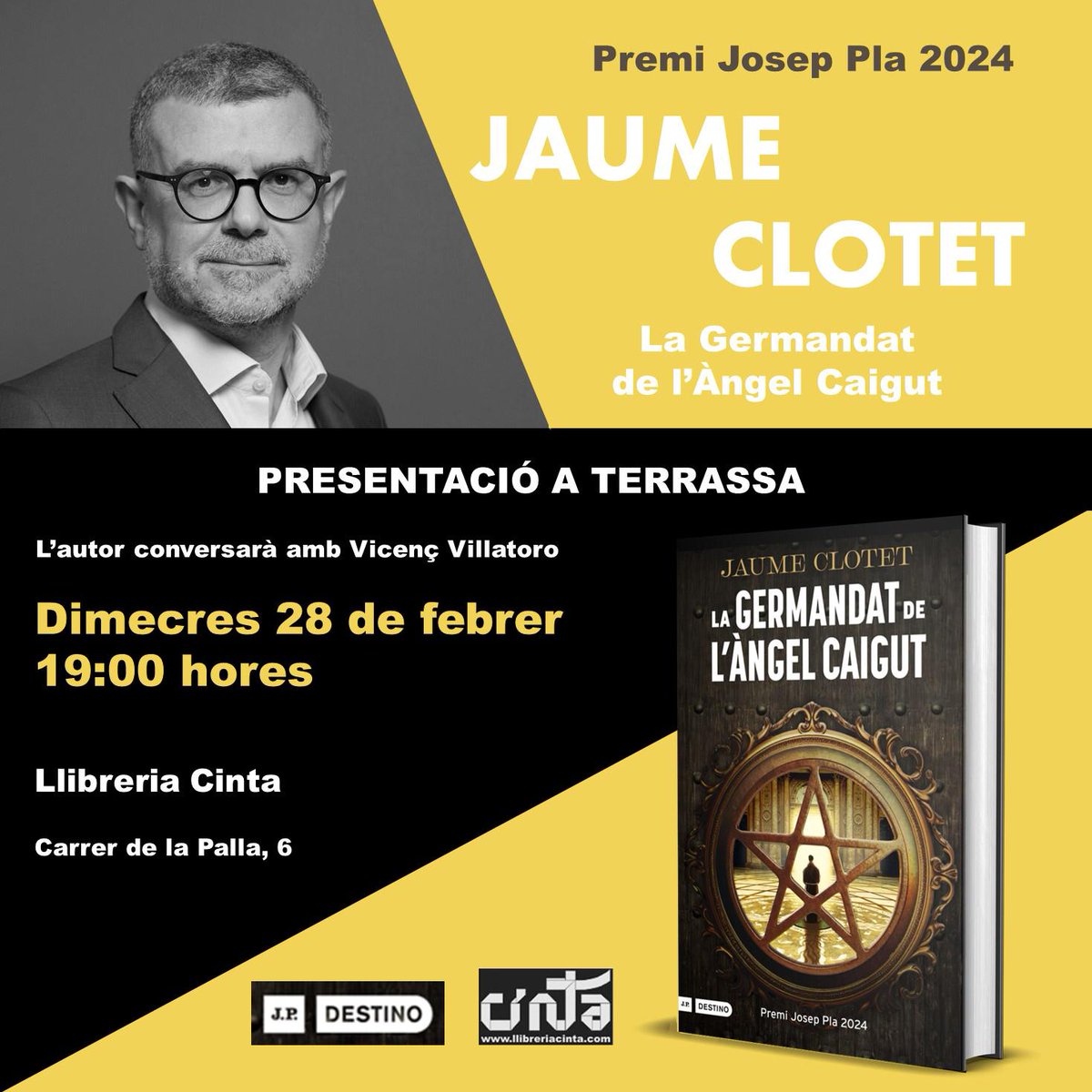 Aquesta tarda l'amic @jaumeclotet presenta el seu llibre 'La Germandat de l'àngel caigut' a la @LlibreriaCinta de #Terrassa. No us ho perdeu perquè amb aquesta novel·la ha guanyat el prestigiós premi Josep Pla i s'ha situat entre els llibres en català més venuts!