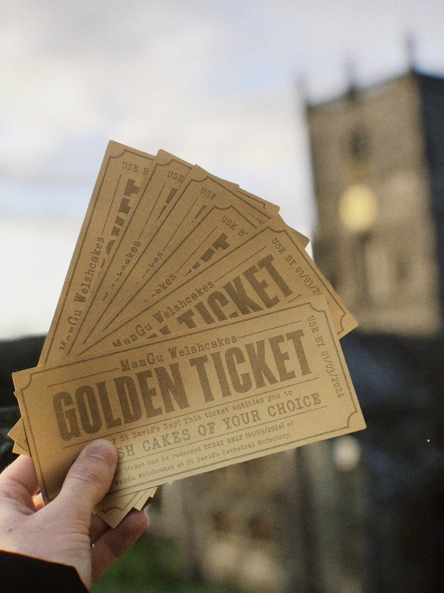 ⭐️Golden Tickets are BACK for #StDavidsDay!⭐️

Keep an eye out on the streets of #StDavids and #Saundersfoot this Friday as we’ll be hiding a handful of these around the towns! Each one is worth a various amount of #welshcakes!

<a href="/visitwales/">Visit Wales 🏴󠁧󠁢󠁷󠁬󠁳󠁿</a> <a href="/walesdotcom/">This is Cymru Wales</a> #RandomActsOfWelshness