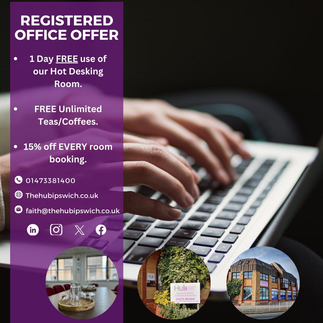 Wow, what an offer. Get in touch now to find out more. #registeredofficeservice #businesscentre #servicedoffices #privateofficespace #thehubbusinesscentreipswich #ipswich #suffolk #towncentrelocation #ipswichtowncentre #familyrun