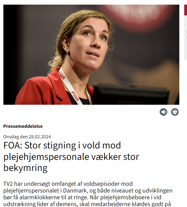 - Ingen skal udsættes for vold, når de går på arbejde, og at omfanget ikke bare er stigende, men stærkt stigende, bekymrer mig voldsomt, siger @MariaKlingsholm, fagpolitisk ordfører i FOA. #arbejde #kompoldk #dkpol #socpol