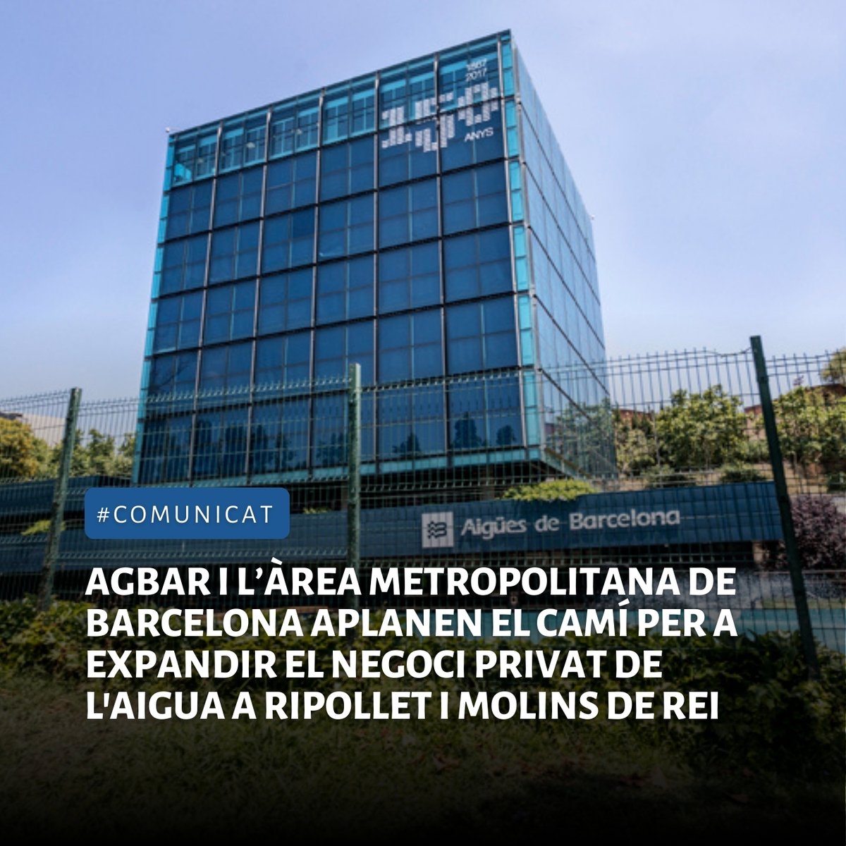 aiguaesvida's tweet image. #COMUNICAT | @Agbar i l'AMB aplanen el camí per expandir el negoci privat de l'aigua a Ripollet i Molins de Rei

😡Aquesta és una operació més de @socialistes_cat  perquè AGBAR gestioni l’aigua als municipis que es troben fora de la mixta @aiguesbcnclient

aiguaesvida.org/agbar-amb-apla…