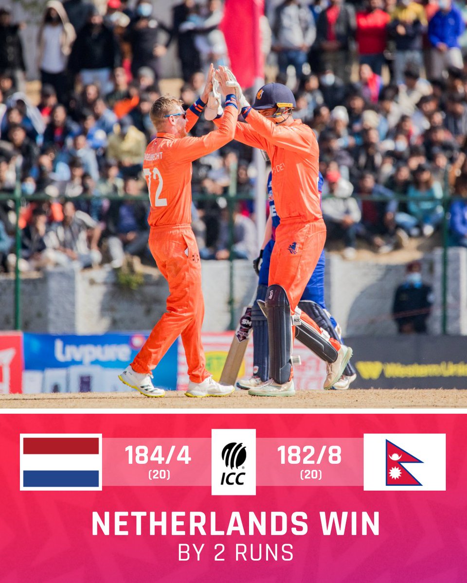 The Netherlands clinch a final ball thriller against Nepal 🔥

#NEPvNED | 📝: bit.ly/49QxyI7