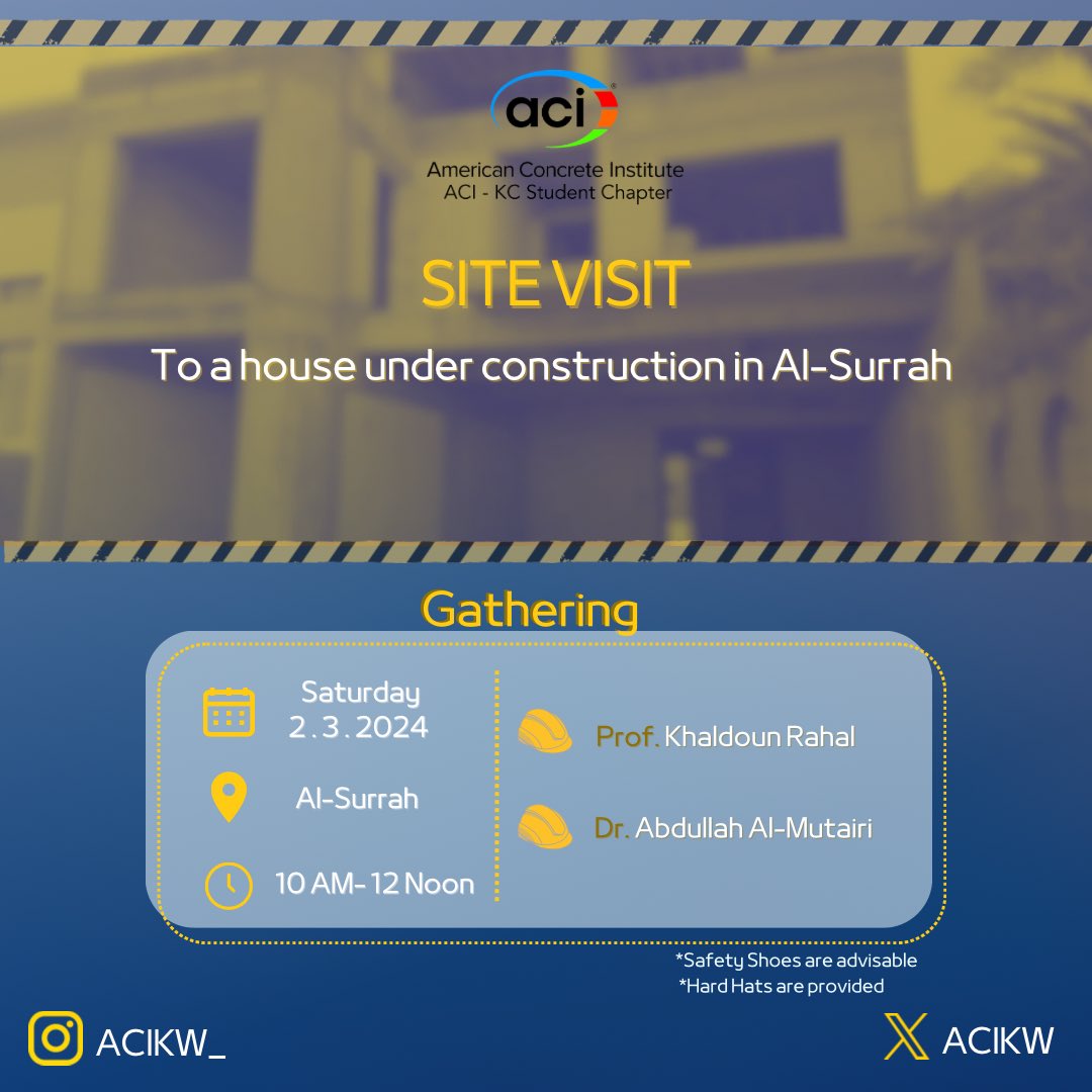 رحلتنا الثانية مع ACI بتكون لبيت قيد الإنشاء، بنتعلم مع دكتور خلدون ودكتور عبدالله المطيري عن المشاكل اللي واجهت هذا المشروع وعن حلولها.
التسجيل عبر الرابط، المقاعد محدودة 📢

docs.google.com/forms/d/1KwOsG…