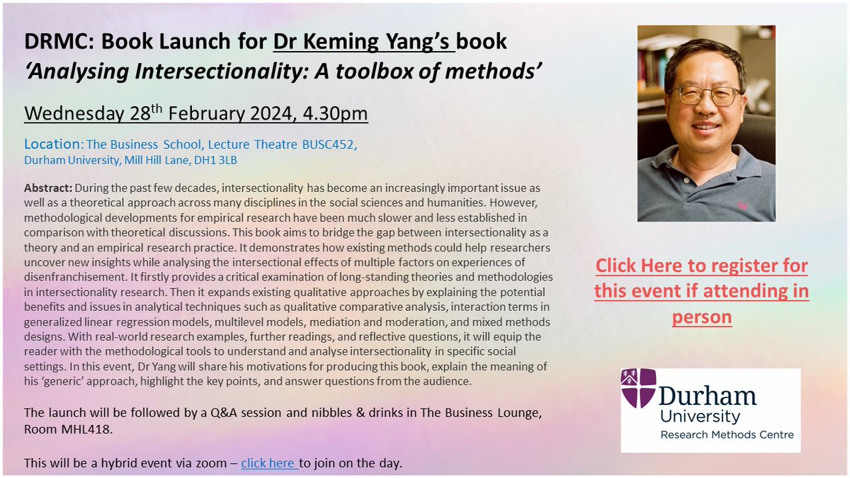 DRMC are pleased to announce they are hosting a book launch for Dr Keming Yang's new book 'Analysing Intersectionality: A toolbox of methods’ on Wednesday 28th February 2024 at 4.30pm. See our website for more information (!!please note room change!!): dur.ac.uk/research/insti…