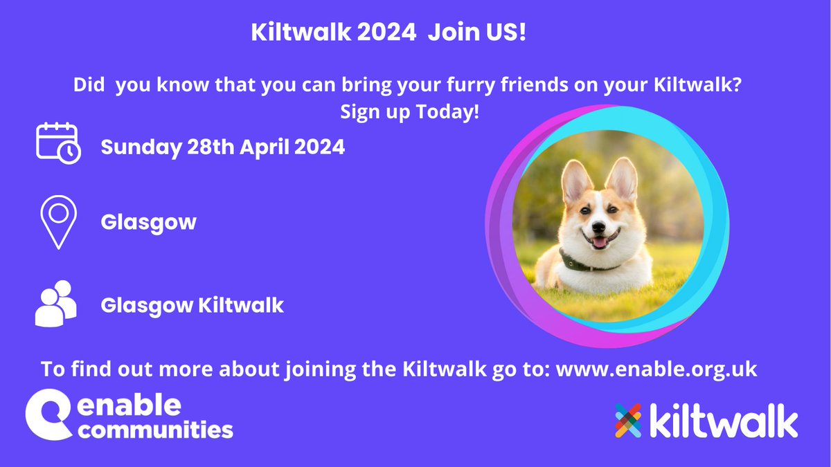 Did you know that you can walk the <a href="/TheKiltwalk/">Kiltwalk</a> with your dog? 🚶‍♀️🚶🐶🐕 
 
Sign up for Free with Enable, all we ask is that you set up a fundraising page and try to raise £100 - so why not bring along your furry friends? 

Find out more on our website: 
enable.org.uk/about-us/enabl…