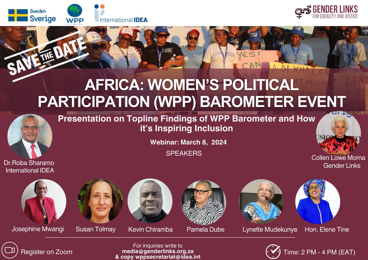 LAUNCH OF THE WPP BAROMETER HIGHLIGHTS: This International Women's Day (8th March 2024), WPP consortium partner Gender Links will present the Topline Findings of the Women Political Participation Barometer, 2024. Register for the webinar via the link bit.ly/3SWyOCI.