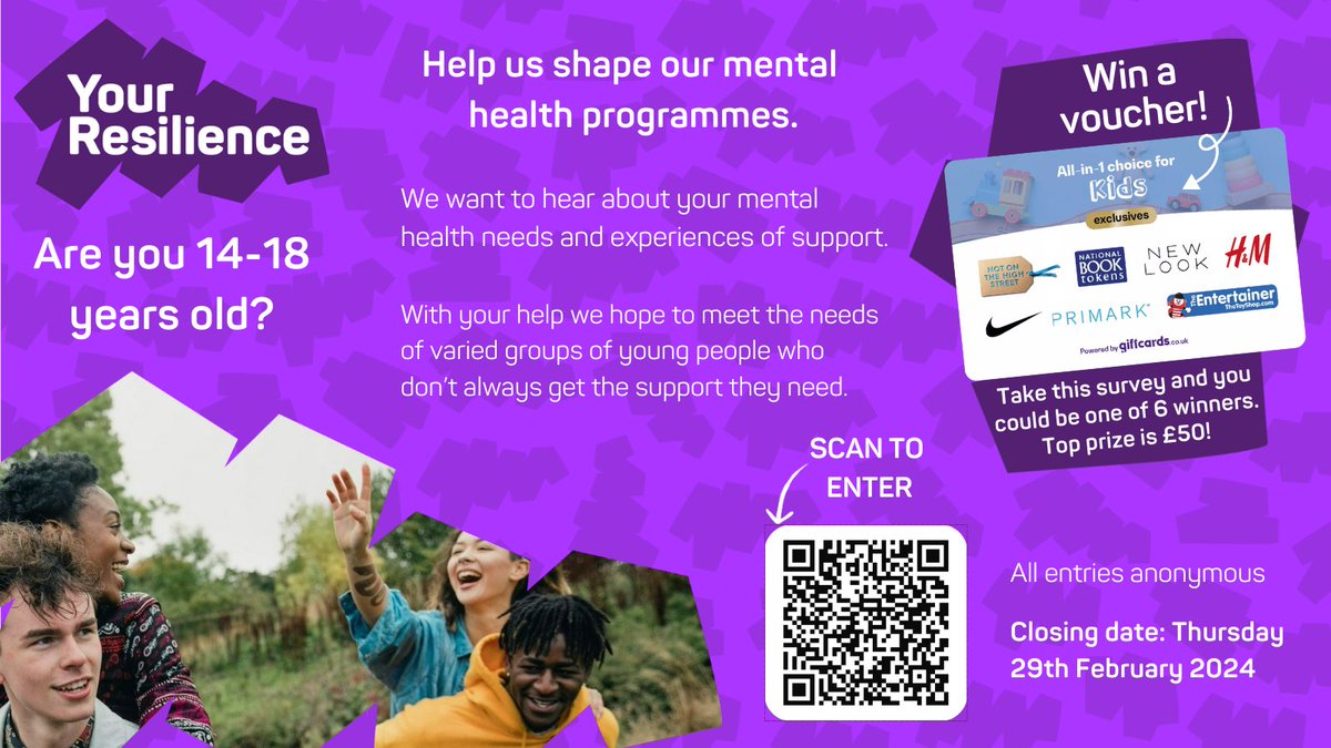 📣Final call! We want to hear from young people facing barriers accessing #MentalHealth support to inform our delivery and help shape the work we do through our resilience programmes. Find out more and give your voice to our survey 👉 bit.ly/428UUpW