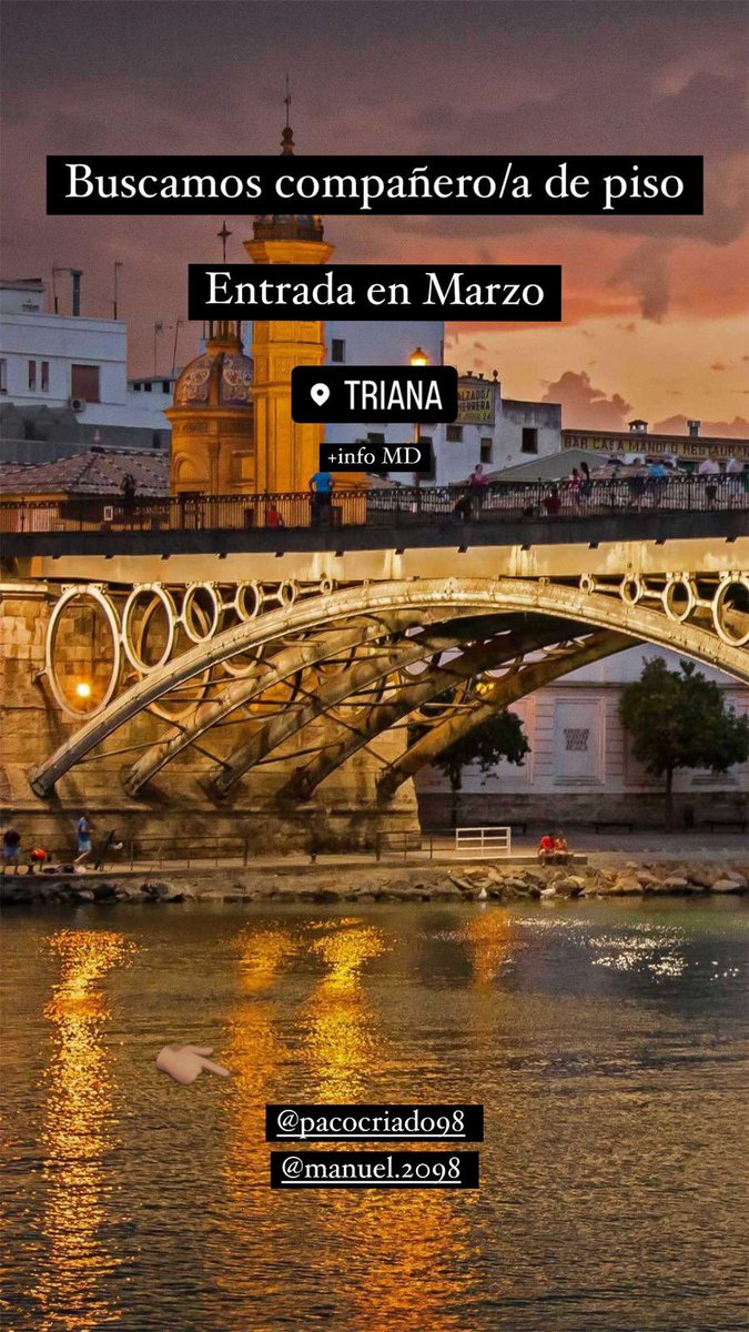 pacocriado98's tweet photo. URGENTE🚨🚨🚨

Se busca compañero/a para compartir piso a partir de Marzo (incluido) en Sevilla.

-Zona de Triana. 
-Buena comunicación con el autobús y el metro. 
-Más info MD

Si no conoces a nadie, ayúdanos compartiendo🙏🏻🙏🏻

#Pisosevilla #Alquierpiso #HabitacionSevilla https://t.co/GXL0no06Hr