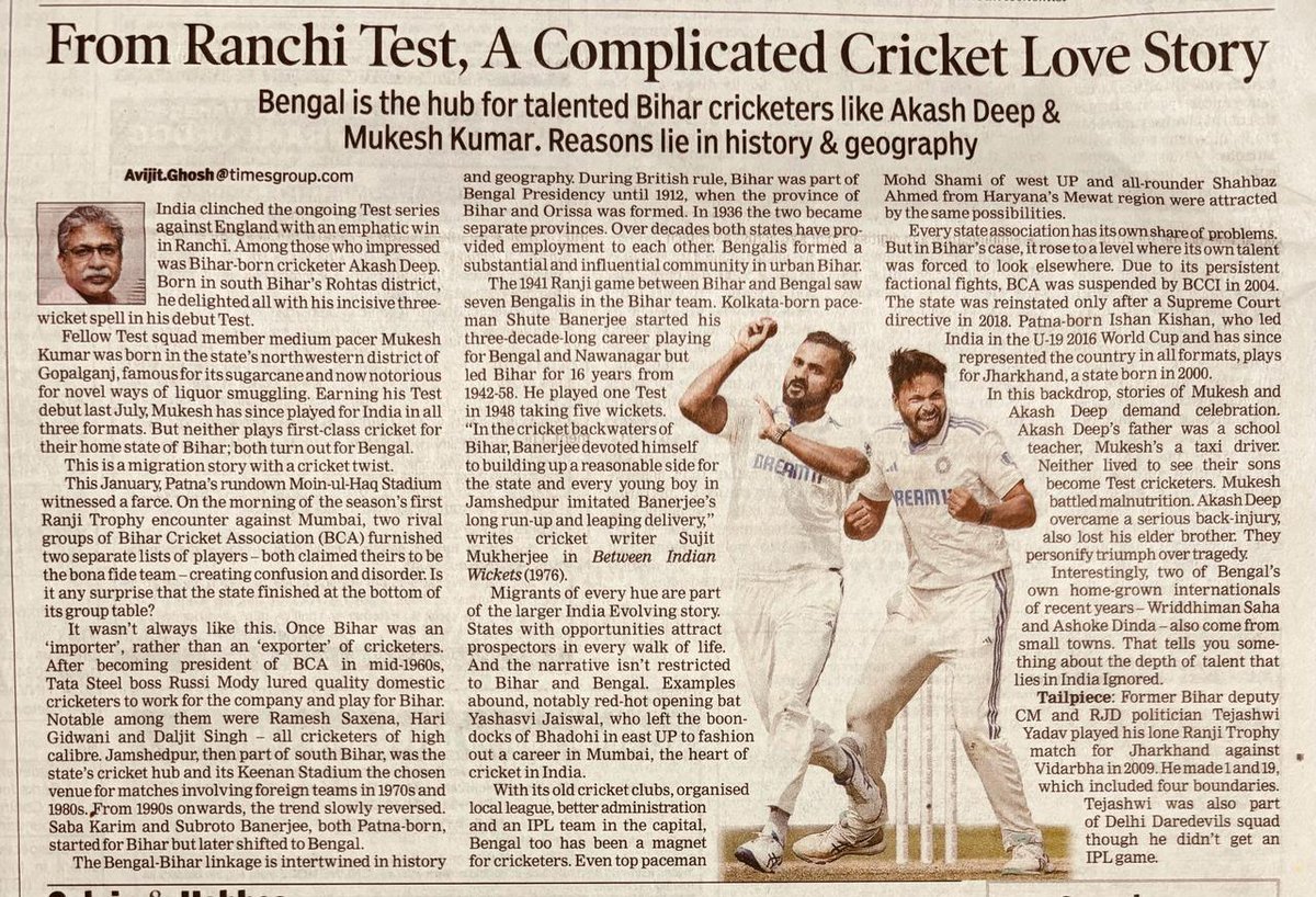 Bihar-Bengal, a complicated cricket love story. #TeamIndia @SushilAaron @SameerAKhatlani @rajeshkalra @rksingh1610 @nikhilsahni_ @VaibhavP21 @SunilWarrier1 @rasheedkidwai @mini_kapoor @RandomCricketP1