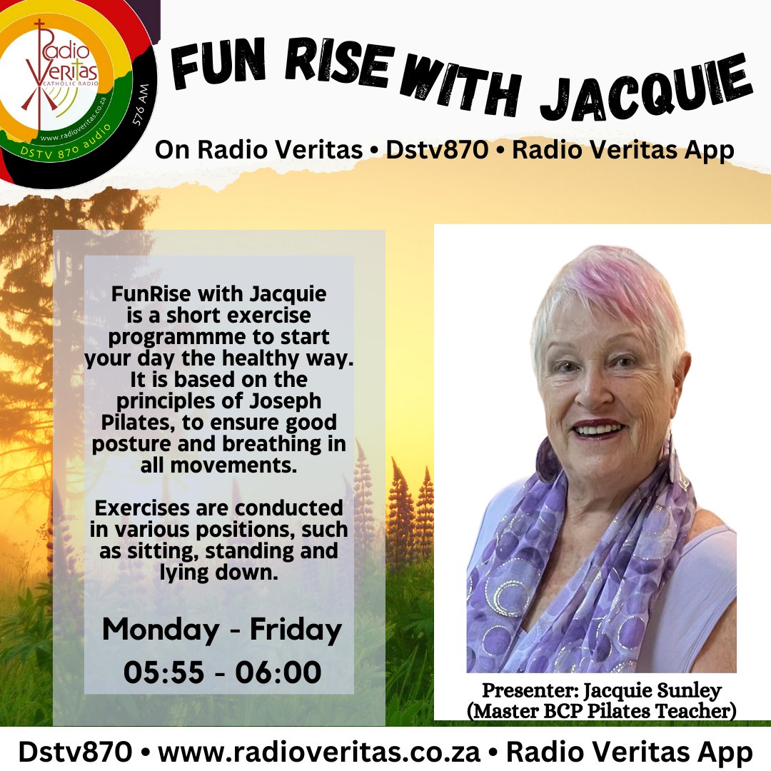 🔴 🌻 NEW PROGRAMME ALERT: FUNRISE WITH JACQUIE, a short exercise programmme to start your day the healthy way. It is based on the principles of Joseph Pilates, to ensure good posture and breathing in all movements. Join in every weekday morning at 05:55 - 06:00