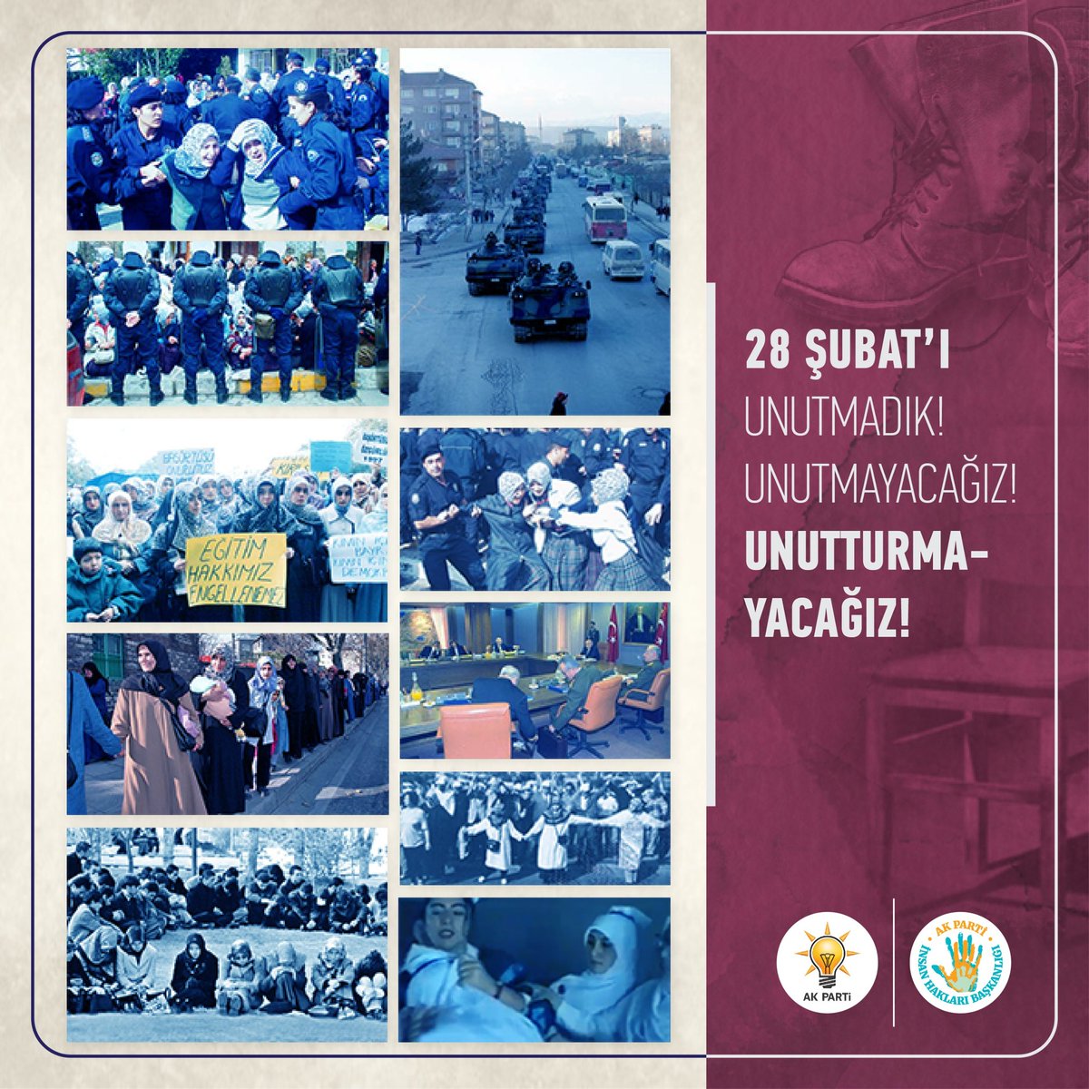 Kara zihniyetin utanmadan baş örtülü genç kızları üniversite önlerinde sürüklettiği #28Şubat Utanç tarihidir.