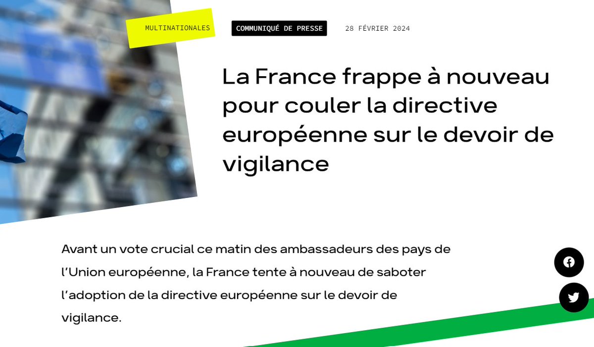 Les Amis de la Terre FR (@amisdelaterre) on Twitter photo ⚠️⚠️Alerte : la 🇫🇷 frappe à la dernière minute pour couler la directive 🇪🇺 sur le #devoirdevigilance
<a href="/EmmanuelMacron/">Emmanuel Macron</a> <a href="/steph_sejourne/">Stéphane Séjourné</a>, <a href="/BrunoLeMaire/">Bruno Le Maire</a> défendez la position historique de la 🇫🇷 en maintenant le seuil sur lequel les pays 🇪🇺 se sont accordés !
amisdelaterre.org/communique-pre… ⚠️⚠️Alerte : la 🇫🇷 frappe à la dernière minute pour couler la directive 🇪🇺 sur le #devoirdevigilance
<a href="/EmmanuelMacron/">Emmanuel Macron</a> <a href="/steph_sejourne/">Stéphane Séjourné</a>, <a href="/BrunoLeMaire/">Bruno Le Maire</a> défendez la position historique de la 🇫🇷 en maintenant le seuil sur lequel les pays 🇪🇺 se sont accordés !
amisdelaterre.org/communique-pre…