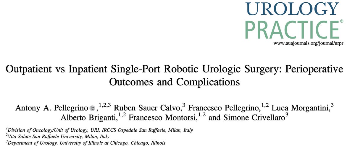 New article out on @UrologyPractice regarding our outpatient @IntuitiveSurg Single-Port surgery protocol (@SimoneCrivella2), and how it compares to the existing inpatient cohort in terms of complications and readmission rates. 🧵 for brief summary (UPJ insight)