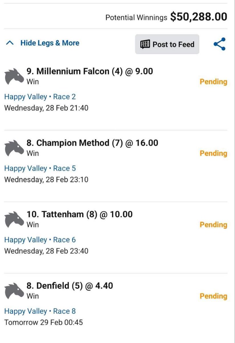 Yankee at HK

Not keen on many favourites

Denfield best bet, 
Millennium Falcon best value

Champion method going out at a crazy price, have something on EW
