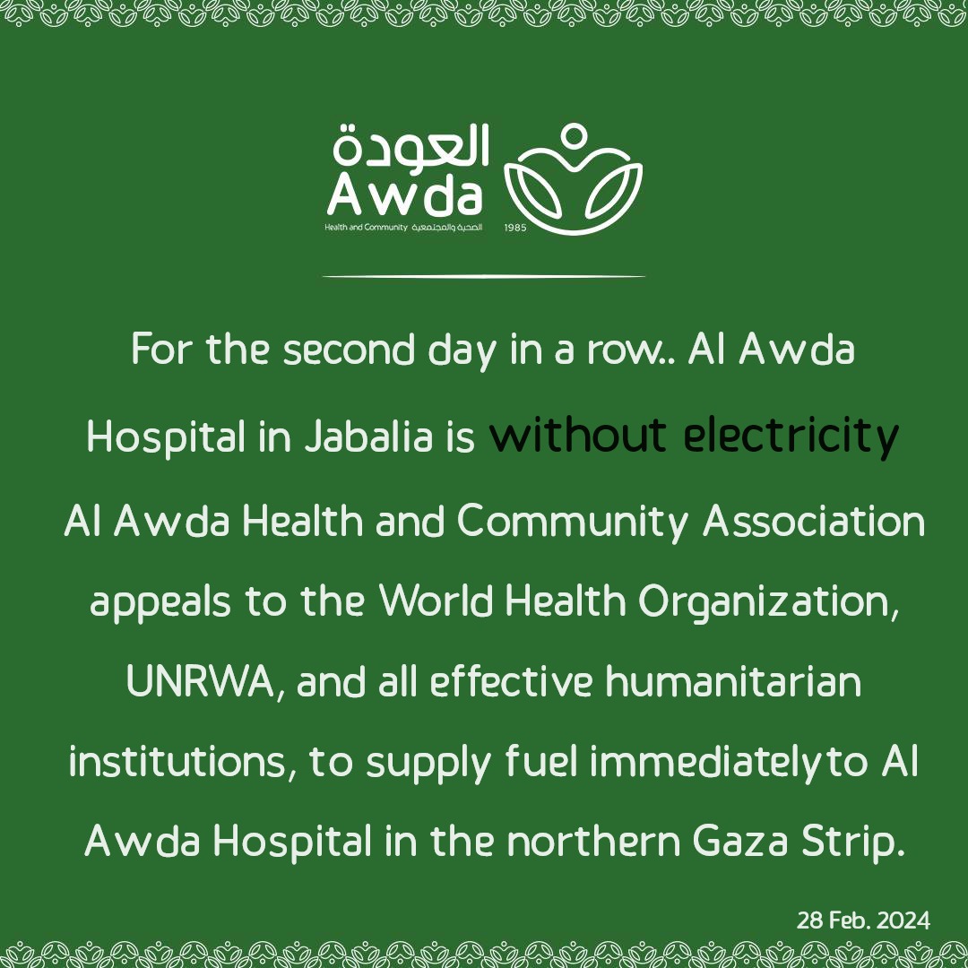 AlessandraBajec's tweet image. In continuing to highlight the very desperate situation in northern #Gaza, here's one of few partially functioning hospitals left in the north.  #AlAwda has no power, surgery dept shut, obstetrics +gynaecology services have stopped, orthopaedic &amp;amp; plastic surgeries have halted too