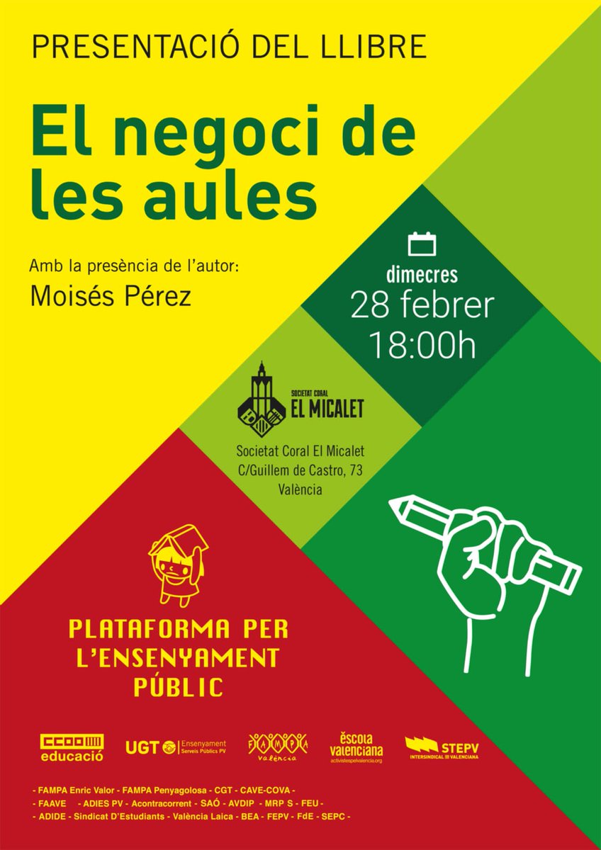 CompanyStas's tweet photo. #28fe24
6hV "El negoci de les aules" de @MoissPrez a VLC/@elmicaletsc
7hV "Nascuts del fang" @Victor_Labrado a VLC/#FanSet
8hV @clara_andres a Castelló/museuBellesArts
9hN #MarcelCasellas, #SimoneLambregts i @PolSoler a BCN/elBar delCat https://t.co/RB1oAwjr3G