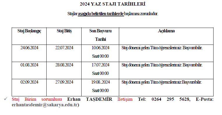 sau_cie's tweet photo. 2024 Yaz Staj tarihleri ve gerekli bilgilendirmeler linkte yer almaktadır.
https://t.co/T4yt2zKXy6 https://t.co/gxsys5epWf