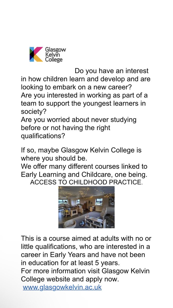 Do you or someone you know want to work with children in early years? Then <a href="/GKCollege/">Glasgow Kelvin College</a> has the programme for you!

This can lead to HNC study and give you the tools to work in early years! Please tell everyone and RT this post. They will not regret studying this