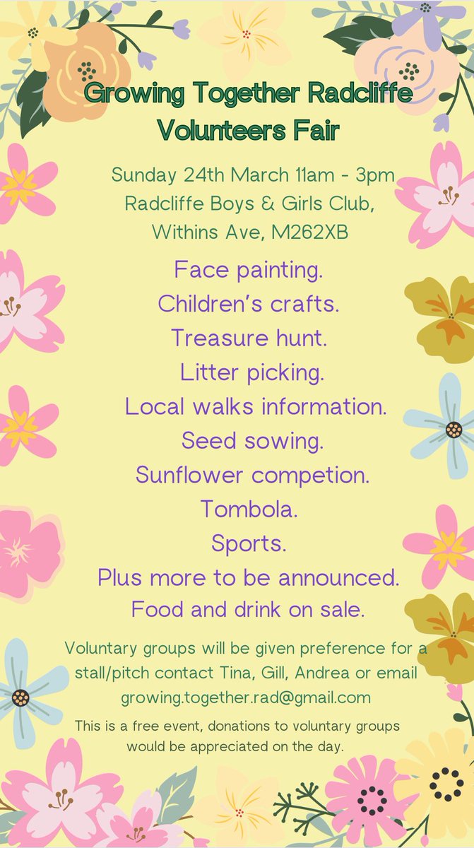 BuryCouncil's tweet image. Growing Together Radcliffe Volunteers Fair 🌲
📅 Sun 24th March
🕐 11am-3pm
📍Radcliffe Boys and Girls Club, M26 2XB
Lots of activities for all the family🌻