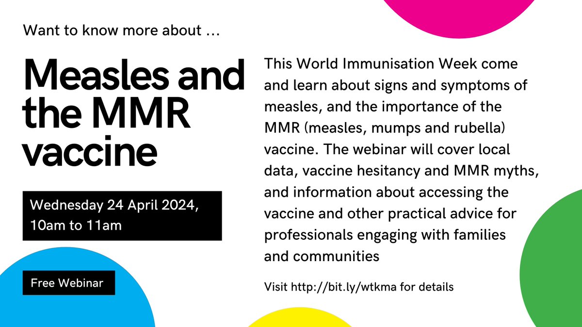 #WTKMA measles and the MMR vaccine
Wednesday 24 April 2024 at 10am 

Learn about measles and the MMR vaccine. The webinar will cover local data, vaccine hesitancy and MMR myths, and information and practical advice for professionals

Visit bit.ly/wtkma for details
#CPD