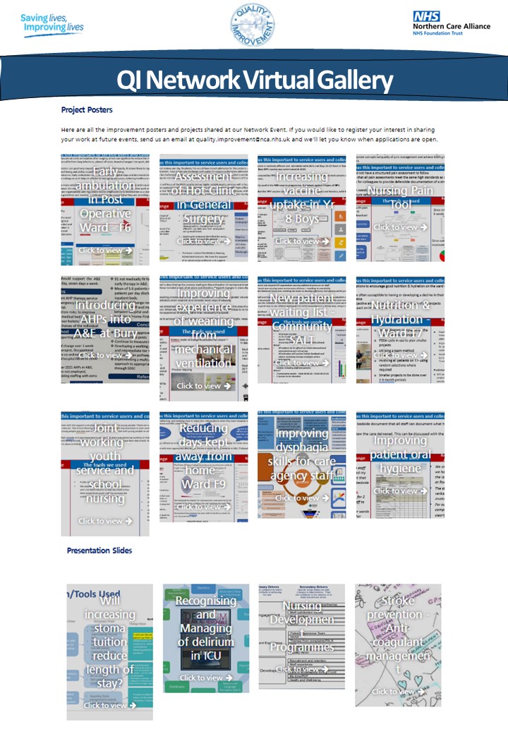 We are delighted to share our virtual gallery of presentation slides and posters of all the great improvement work shared at our QI Network Events. You can view them on the case study section of the Quality Improvement area on My Hub #SharingIsCaring #NCAQINetwork @NCAlliance_NHS