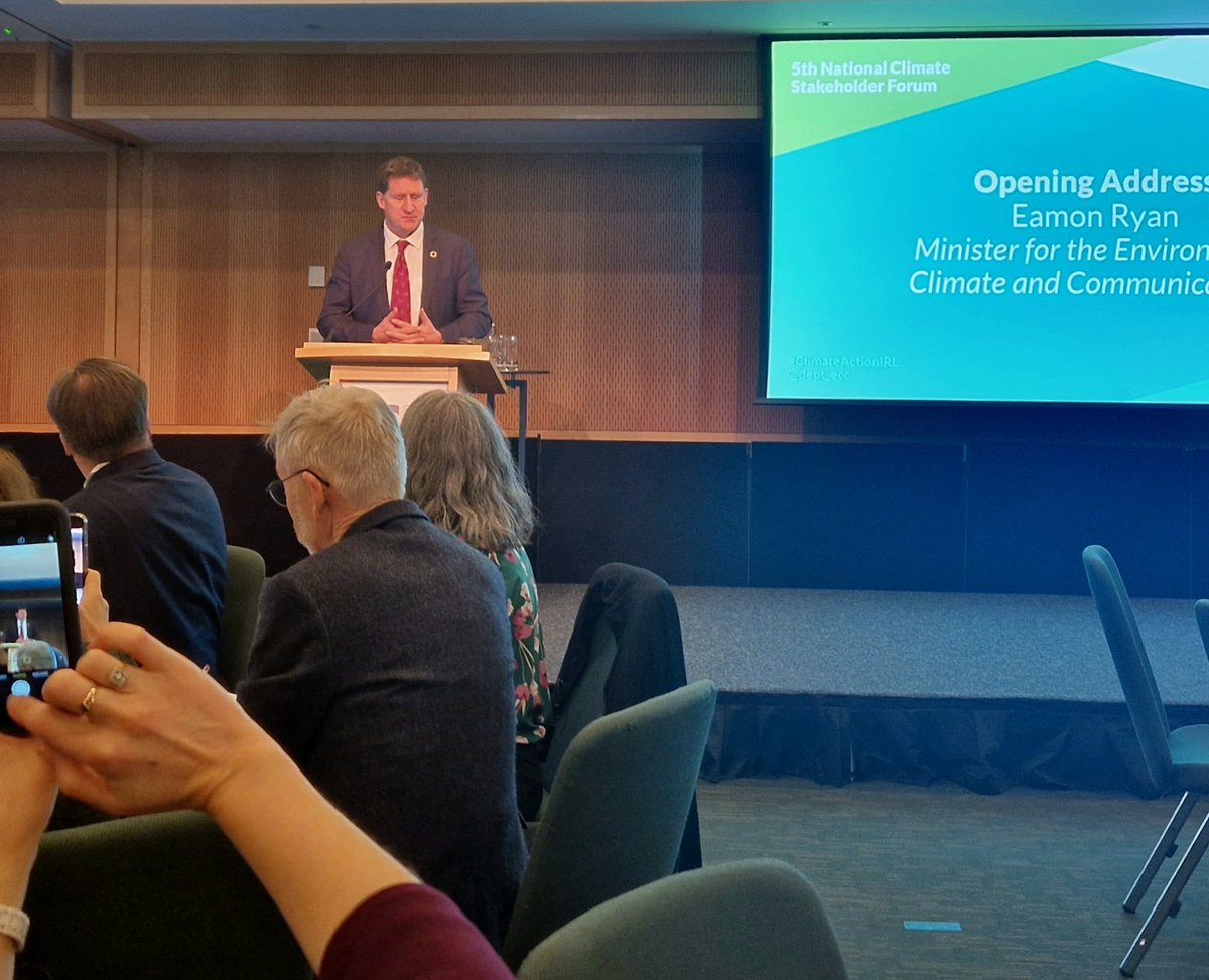CAugustenborg's tweet photo. The 5th National Dialogue on Climate Action kicks off this a.m. w/ Minister @EamonRyan giving update on progress &amp; challeges in achieving climate goals. Provisional emissions reductions for '23 look promising (~5%) w/ big changes in public transport, energy 1/2 #ClimateActionIRL https://t.co/Y8HamjTi3x
