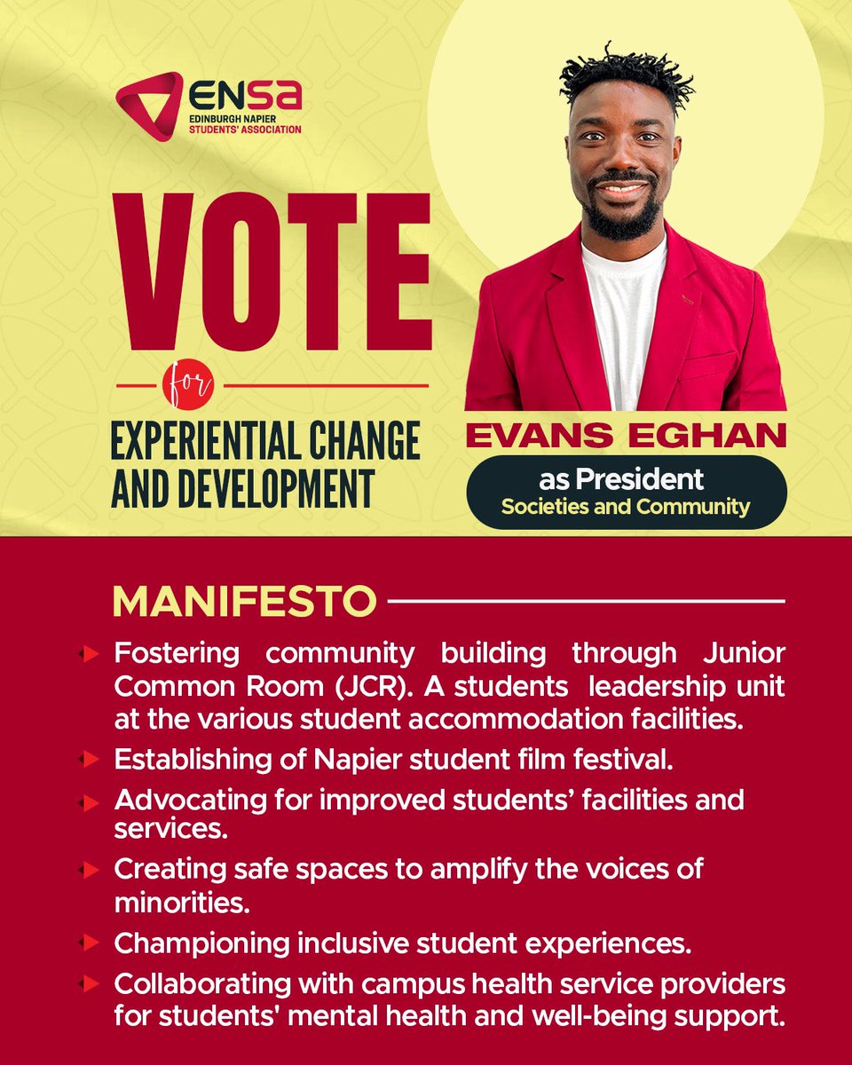 Leadership is service to people and here I come to be voted at the President (Societies and Community) for @napierstudents for the mandate to serve the best interests of the students through experiential change and development. My manifesto outlines my focus

#ensa #election