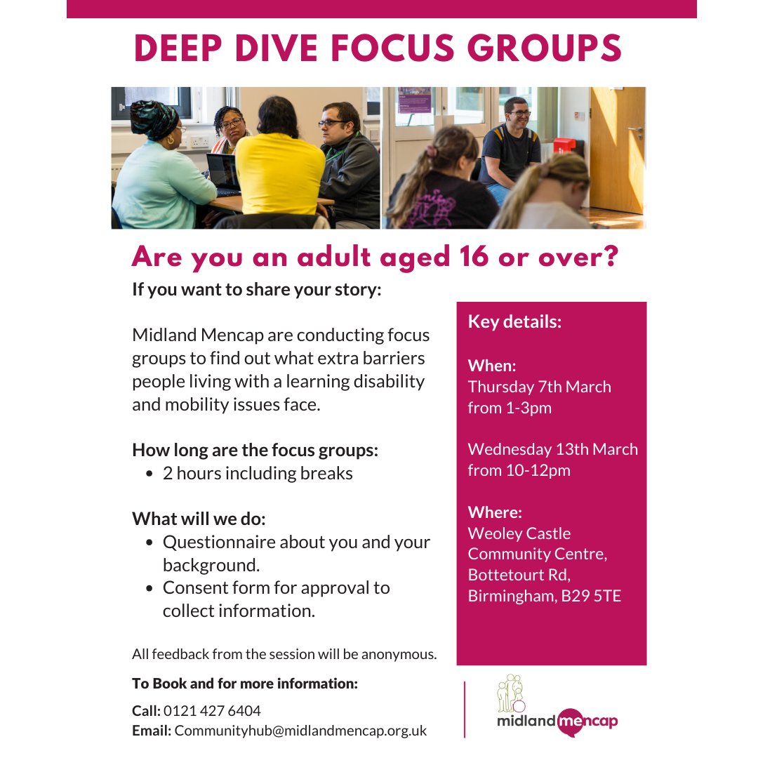 Are you someone with a learning disability or a mobility issue? Come join our deep dive focus group to share the barriers you face in your life. All responses and feedback will be anonymous so you can express yourself safely. 1/3