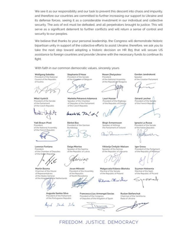 Ruslan Stefanchuk (@r_stefanchuk) on Twitter photo An open letter from the Speakers of 23 parliaments to the Speaker of the US House of Representatives <a href="/SpeakerJohnson/">Speaker Mike Johnson</a>.
I, as the initiator of this letter, am grateful to my colleagues for such quick and broad support.
In this open letter, we, the heads of parliaments, ask our An open letter from the Speakers of 23 parliaments to the Speaker of the US House of Representatives <a href="/SpeakerJohnson/">Speaker Mike Johnson</a>.
I, as the initiator of this letter, am grateful to my colleagues for such quick and broad support.
In this open letter, we, the heads of parliaments, ask our