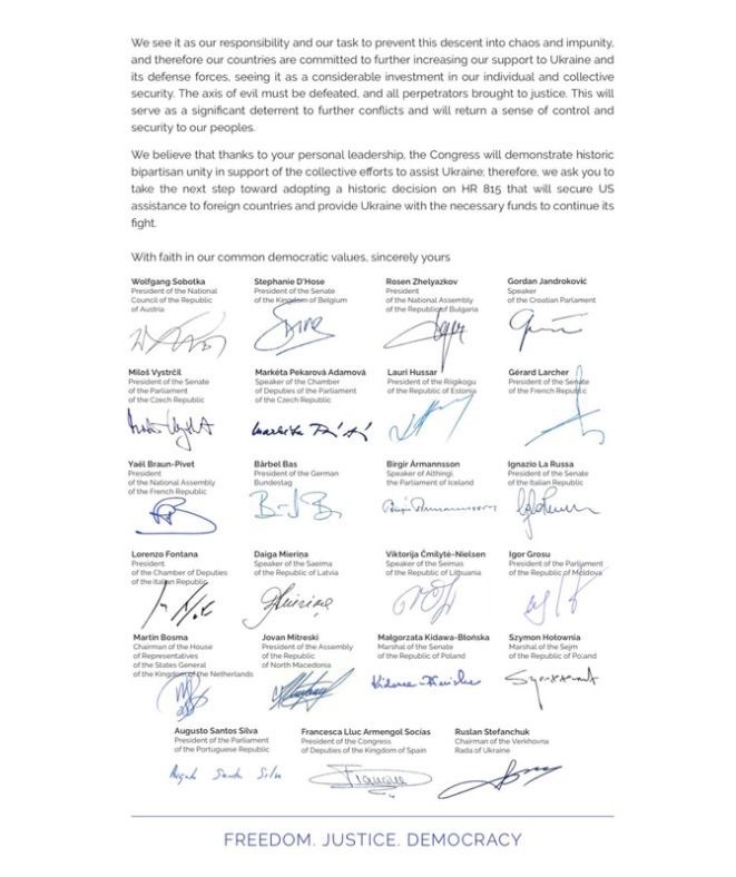 An open letter from the Speakers of 23 parliaments to the Speaker of the US House of Representatives @SpeakerJohnson. I, as the initiator of this letter, am grateful to my colleagues for such quick and broad support. In this open letter, we, the heads of parliaments, ask our