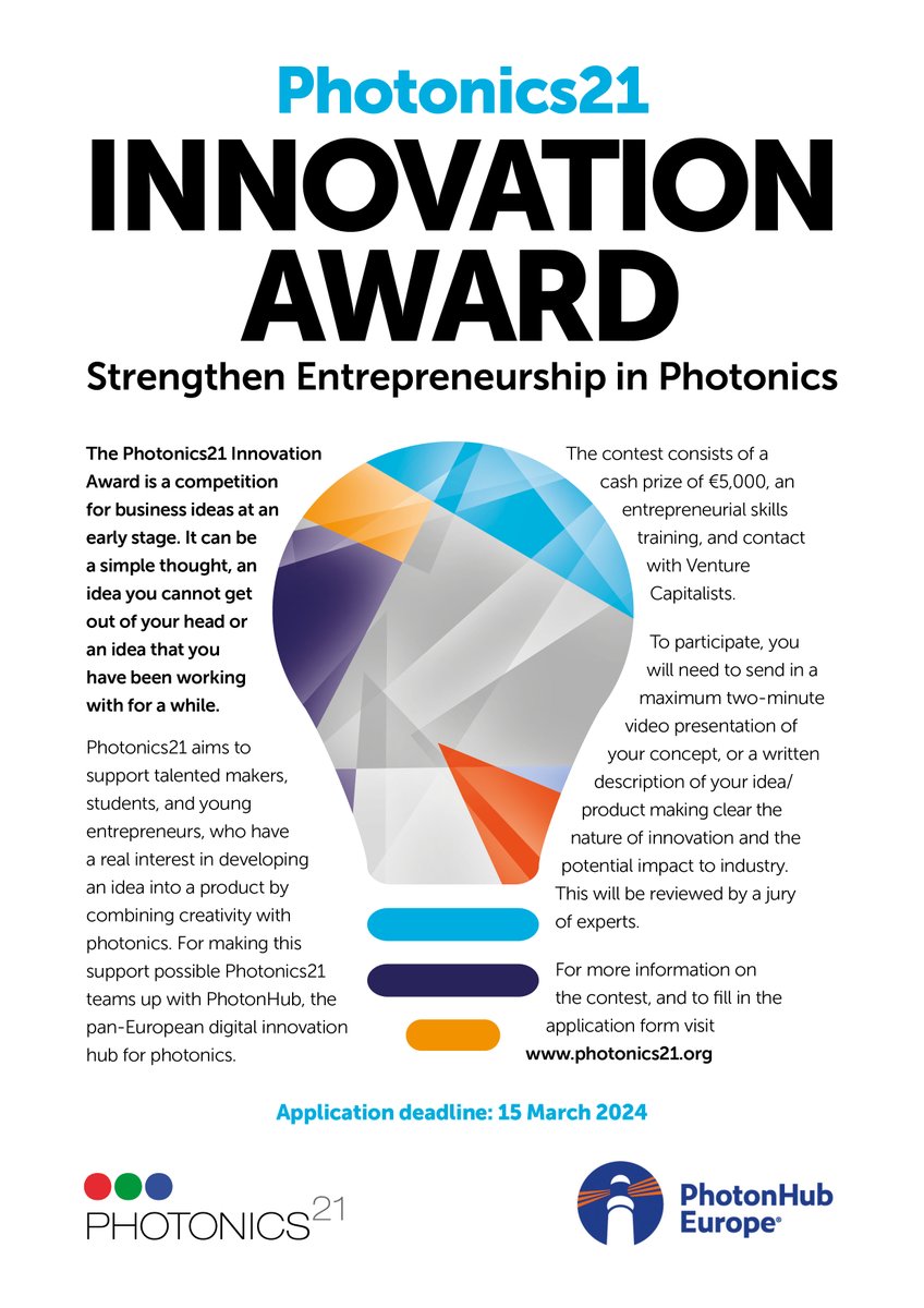 📢Attention all innovators, entrepreneurs & makers in the field of #photonics! Apply now for the Photonics21 Innovation Award 2024 and get a price cash prize of 5,000 € + skills coaching! 📅 16 days left, further details: photonics21.org/2023/apply-now…