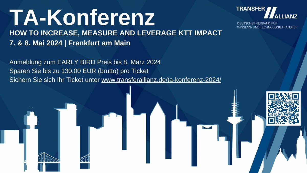 Freuen Sie sich auf das Treffen der #Transfer-Community in Frankfurt a. M. am 7. &amp; 8.5.24

Sichern Sie sich bis 8.3. Ihr vergünstigtes Ticket &amp; buchen Sie am besten gleich transferallianz.de/ta-konferenz-2…

#Technologietransfer #Wissenstransfer #TAKonferenz #TAKonferenz24 #TAKonferenz2024