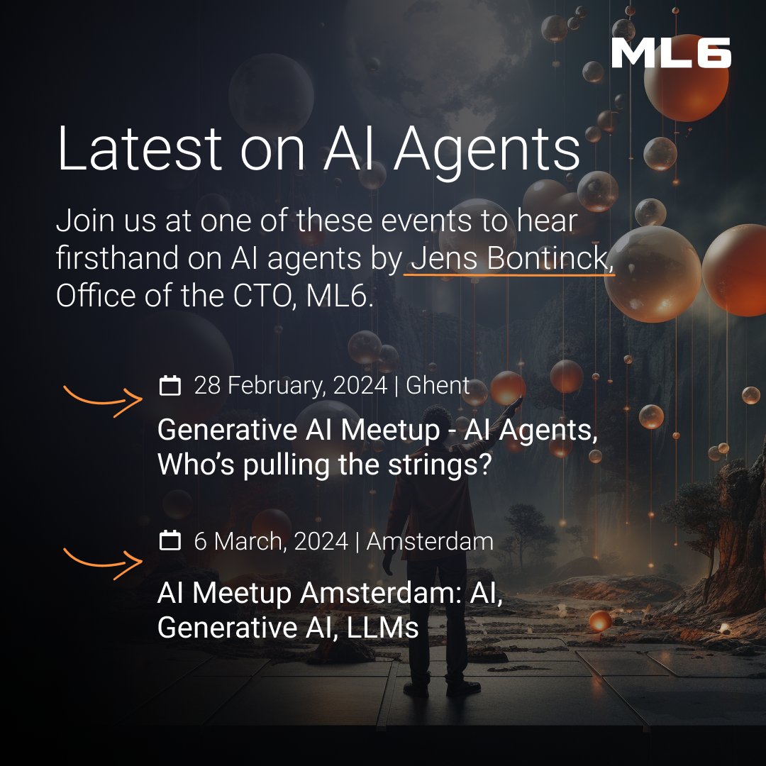 Experience the Power of #AIAgents! Join ML6's Jens Bontinck for two insightful events exploring the future of AI Agents: 📍Generative AI Meetup - AI Agents, Who's pulling the strings? hubs.la/Q02mvgPj0 📍AI Meetup Amsterdam: AI, Generative AI, LLMs hubs.la/Q02mvgYw0