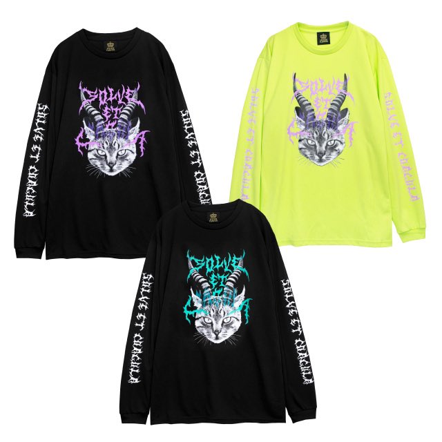 【 魔界猫ロンT 】 listenflavor.com/shopdetail/000… 鋭い眼光にもふもふの毛並み、大きく伸びた二本のツノは魔界の使者の証。ミステリアスな魔界猫と絡み合う鮮やかなメタルロゴが印象的な一枚