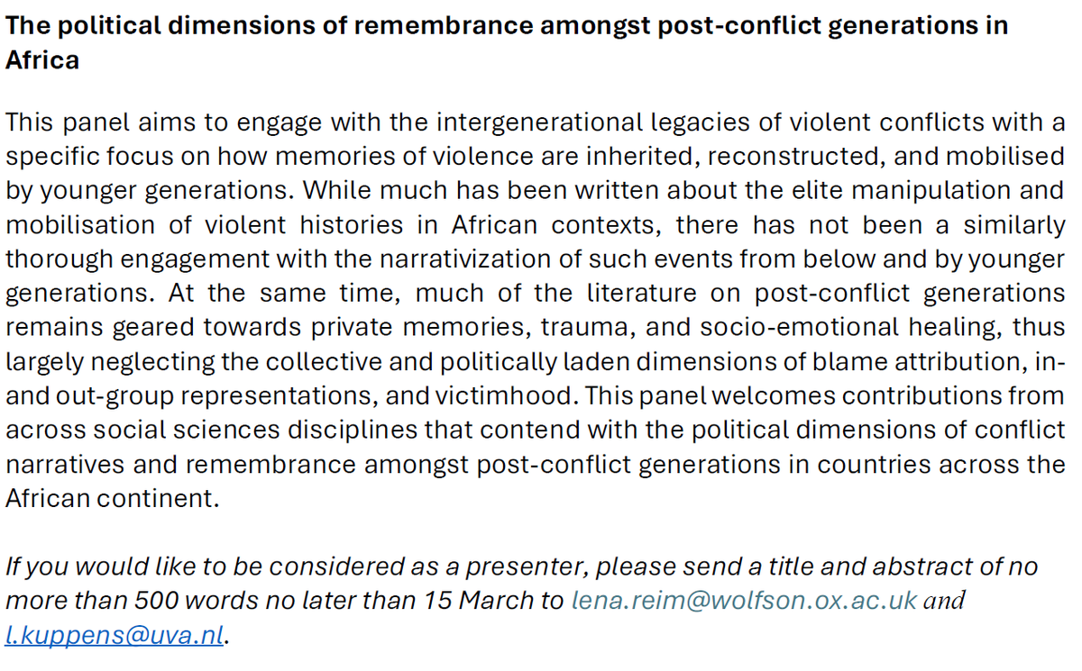 📣 Are you researching how post-conflict generations #remember the violent past in #Africa? Consider applying to the <a href="/ASAUK_News/">AfricanStudiesUK</a> panel <a href="/lena_reim/">Lena Reim</a> and I are organizing by sending us your abstract by 15 March.

#ASAUK: 29-31 August at Oxford Brookes University