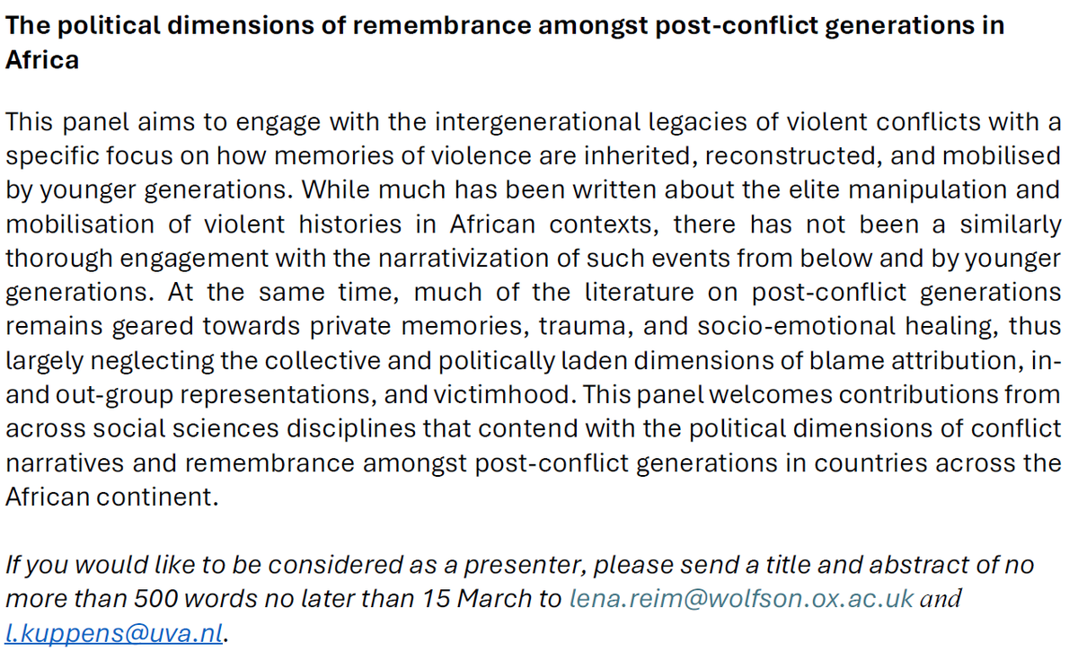 📣 Are you researching how post-conflict generations #remember the violent past in #Africa? Consider applying to the @ASAUK_News panel @lena_reim and I are organizing by sending us your abstract by 15 March. #ASAUK: 29-31 August at Oxford Brookes University