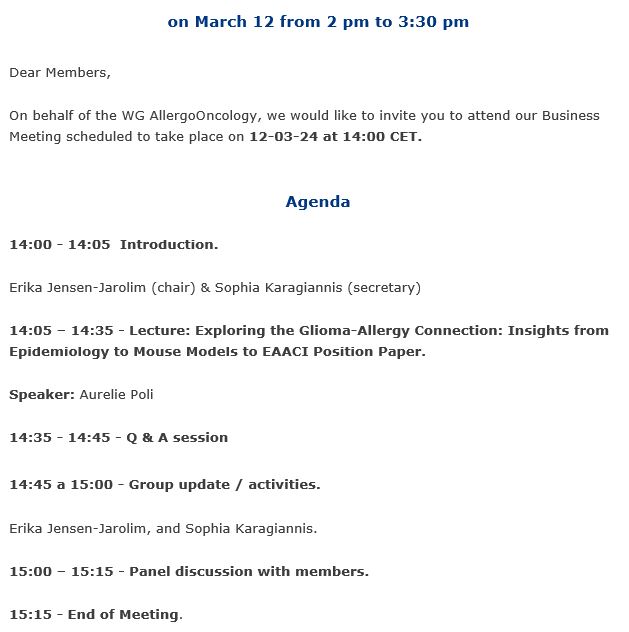 EAACI JM (@eaaci_jm) on Twitter photo The WG #AllergoOncology BM will occur on March 12 at 2pm (CET).
Please join us to discuss "#Allergy has a role in #gliomagenesis".
Here 📷 zoom.us/meeting/regist… to register, after which you will receive an email with joining details.
<a href="/LIH_Luxembourg/">LIH_Luxembourg</a> <a href="/PoliAurelie/">Aurélie Poli</a> <a href="/EAACI_HQ/">EAACI</a> The WG #AllergoOncology BM will occur on March 12 at 2pm (CET).
Please join us to discuss "#Allergy has a role in #gliomagenesis".
Here 📷 zoom.us/meeting/regist… to register, after which you will receive an email with joining details.
<a href="/LIH_Luxembourg/">LIH_Luxembourg</a> <a href="/PoliAurelie/">Aurélie Poli</a> <a href="/EAACI_HQ/">EAACI</a>