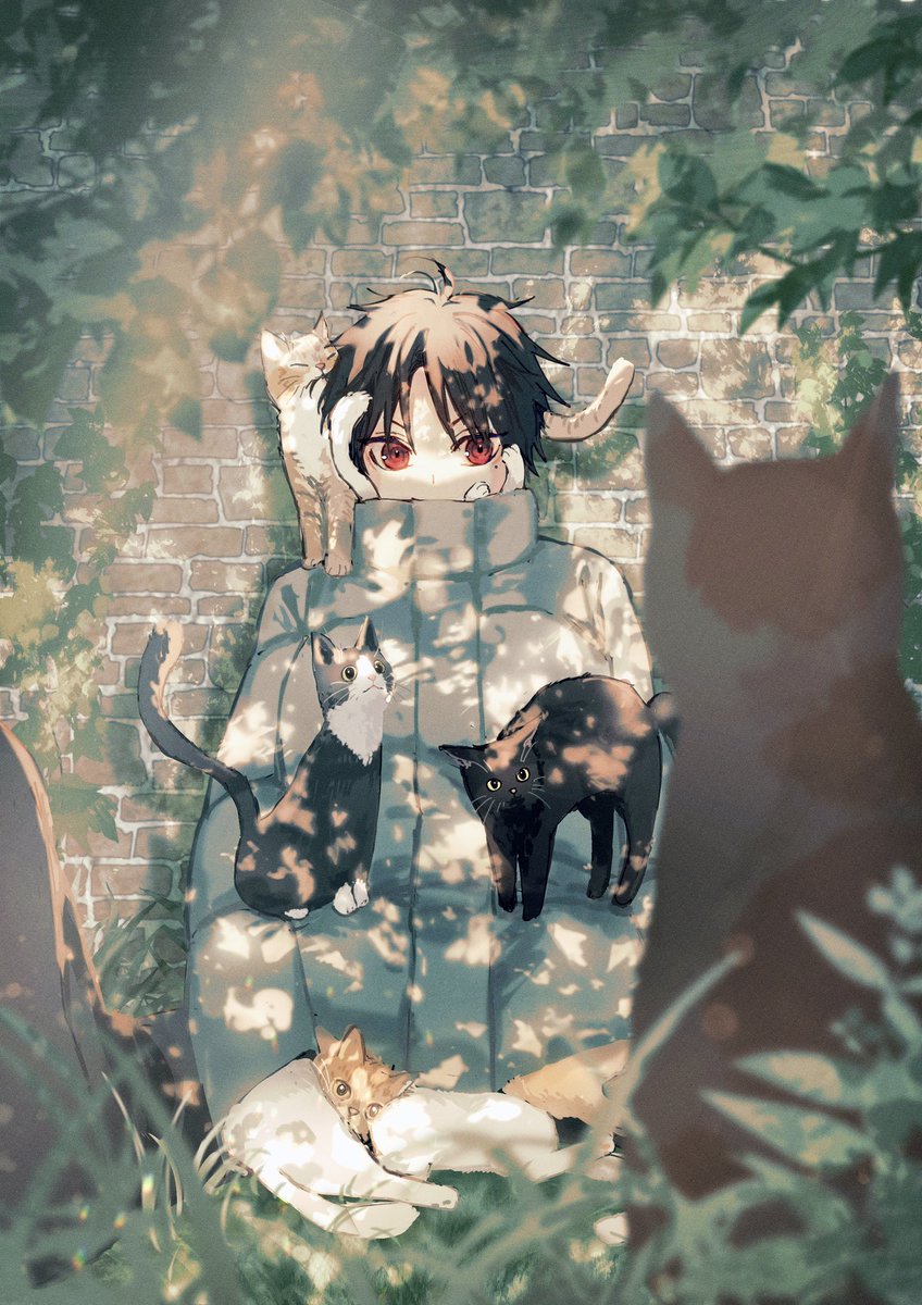 cat 1boy male focus red eyes animal black hair too many  illustration images