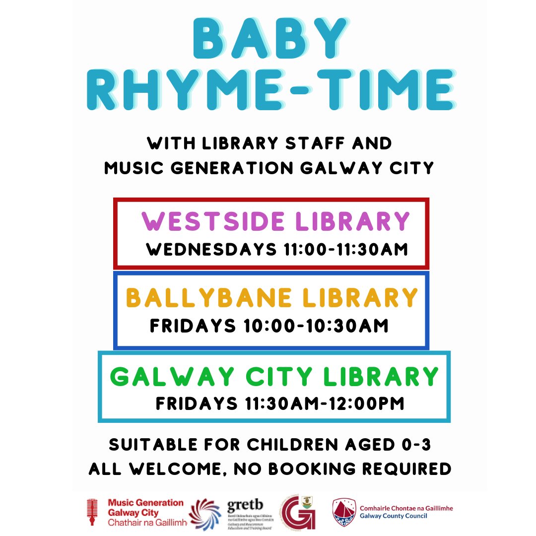 Baby Rhyme-Time is the perfect activity for a wet morning! We've been collaborating with @MGGalwaycity to make our weekly city Rhyme-Times extra musical this year. All are welcome to drop in to any session. Suitable for babies aged 0-3. Supported by @GRETBOfficial