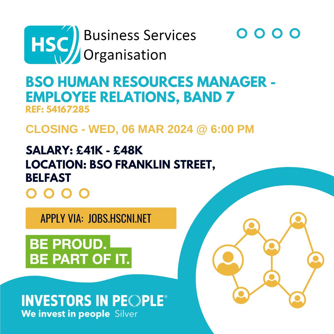 Business Services Organisation (@bso_ni) on Twitter photo <a href="/BSO_NI/">Business Services Organisation</a> Human Resources Manager – Employee Relations, Band 7
Location: BSO Franklin Street, Belfast
Salary: £41k - £48k
Closing Date: Wed, 06 Mar 2024 @ 6:00 PM
For more information and to apply:
jobs.hscni.net/Job/33515/bsoh…
#BSO #hscjobs #hscni #HR #Management #Belfast <a href="/BSO_NI/">Business Services Organisation</a> Human Resources Manager – Employee Relations, Band 7
Location: BSO Franklin Street, Belfast
Salary: £41k - £48k
Closing Date: Wed, 06 Mar 2024 @ 6:00 PM
For more information and to apply:
jobs.hscni.net/Job/33515/bsoh…
#BSO #hscjobs #hscni #HR #Management #Belfast