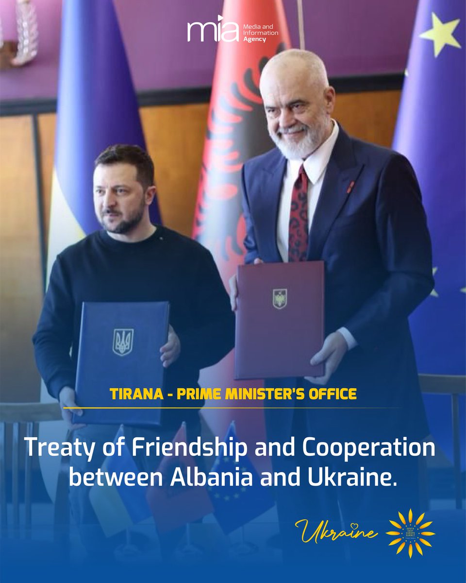 ✍🏻 Prime Minister @ediramaal and President Zelenskyy signed in Tirana the “Alb - Ukr, Treaty of Friendship and Cooperation', which serves to consolidate the friendship between the two countries by expanding and strengthening cooperation in various fields of mutual interest 🇺🇦🤝🏼🇦🇱
