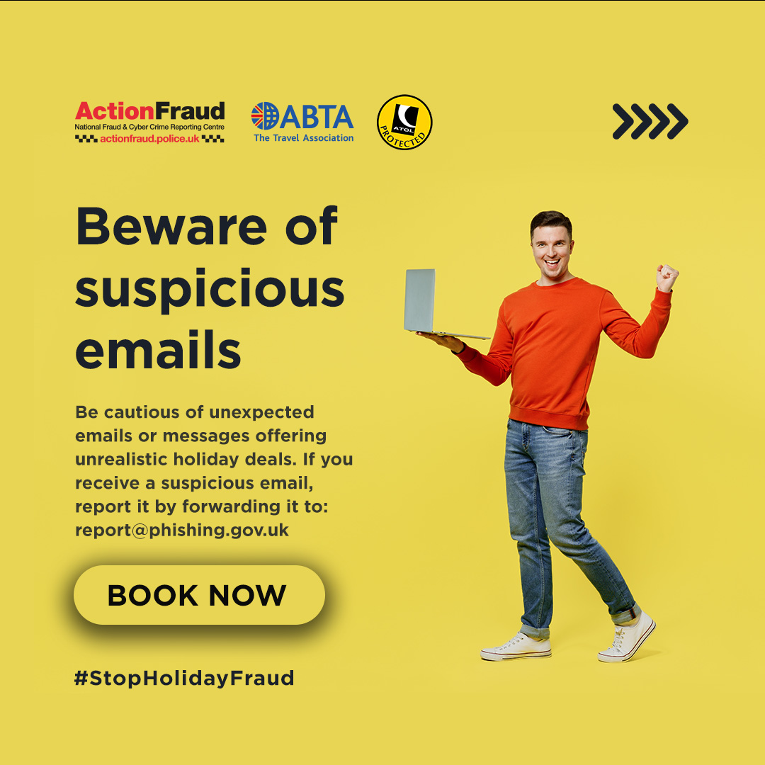 🎣 Be cautious of unexpected emails or messages offering holiday deals.

🚫 If you receive a suspicious message, report it by forwarding the emails to: re-port@phishing.gov.uk

🔗Find out more here actionfraud.police.uk/holidayfraud

#StopHolidayFraud