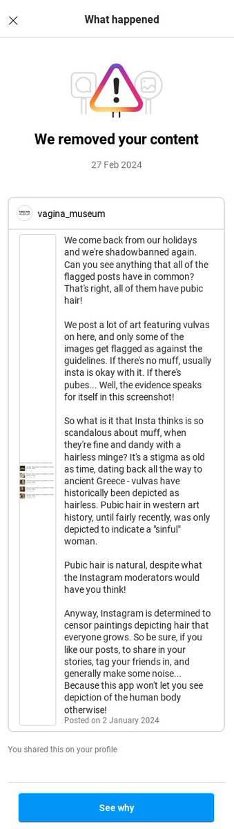 We're locked out of our instagram, for real this time. The reason? We questioned their moderation standards in censoring pubic hair in art.