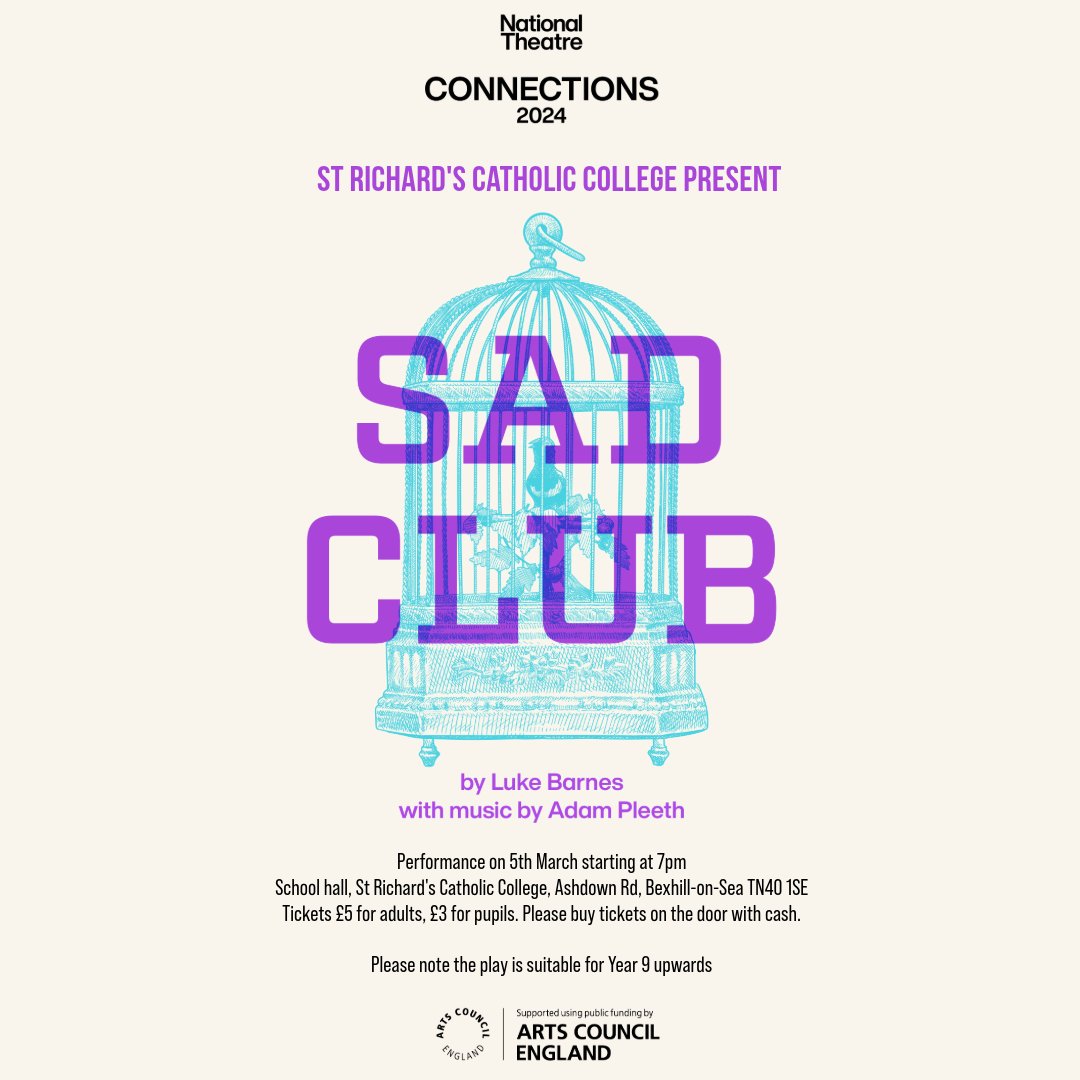 <a href="/StRichardsCC/">St Richard's</a> proudly presents 'Sad Club' Performance starts at 7pm on 5th March at the school. 
Please buy tickets on the door with cash. £5 for adults, £3 for pupils. Please note the play is suitable for Year 9 upwards. Further information admin@strichardscc.com