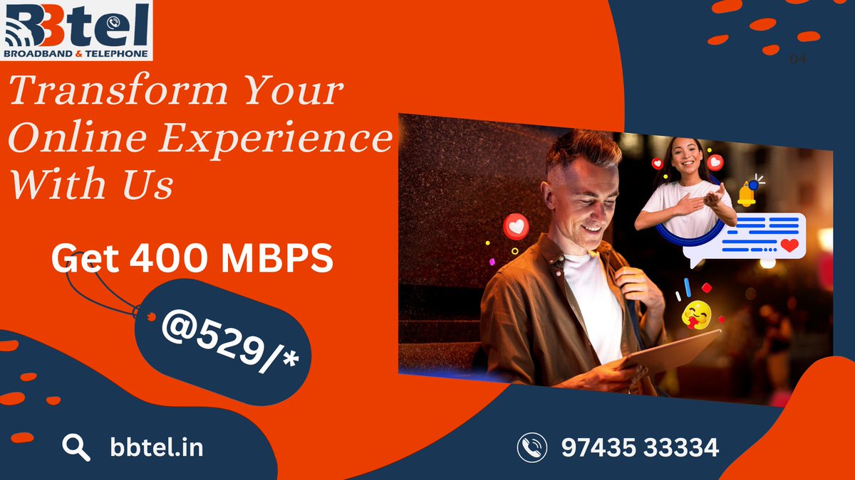Transform your online experience with BBTEL Broadband ,
Get 400 Mbps @ 529/-*..
#broadband #WIFI #internetserviceprovider #homewifi #BroadbandForAll #bangaloreinternet #HighSpeedInternet #fibre #fastinternet #mbps #fiberoptics #InternetConnection #speed #serviceprovider
