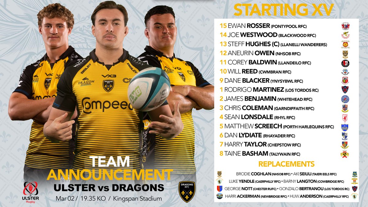 Dragons RFC π (@dragonsrfc) on Twitter photo π¨ πππΌπ | Here is how your Dragons line-up to face <a href="/UlsterRugby/">Ulster Rugby</a> in <a href="/URCOfficial/">BKT United Rugby Championship (URC)</a> action in Belfast this weekend! πͺ‡οΈ
7οΈβ£ Changes to starting XV
π Basham Returns
π₯ Debut for Harry Taylor
π First start for Joe Westwood
π Potential π debut for Huw Anderson
#WeAreGwentRugby π¨ πππΌπ | Here is how your Dragons line-up to face <a href="/UlsterRugby/">Ulster Rugby</a> in <a href="/URCOfficial/">BKT United Rugby Championship (URC)</a> action in Belfast this weekend! πͺ‡οΈ
7οΈβ£ Changes to starting XV
π Basham Returns
π₯ Debut for Harry Taylor
π First start for Joe Westwood
π Potential π debut for Huw Anderson
#WeAreGwentRugby