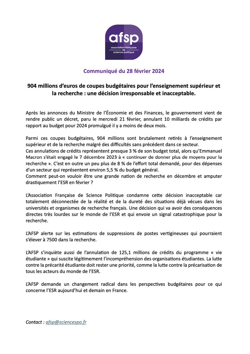 [COMMUNIQUE #ESR] 904 millions d’euros de coupes budgétaires pour l’enseignement supérieur et la recherche : une décision irresponsable et inacceptable. 👉 Lire le communiqué de l'Association Française de Science Politique du 28 février 2024 afsp.info/communique-28-…