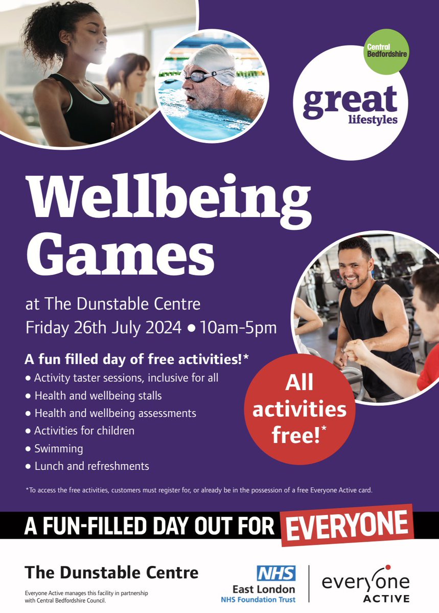 Steve Muggridge (@stevemuggs7) on Twitter photo We invite you to a day of sport and wellbeing at Dunstable leisure center in partnership <a href="/EveryoneActive/">Everyone Active</a> and <a href="/letstalkcentral/">Central Bedfordshire Council</a>.
This event is for anyone who is looking to improve their mental health by taking part in physical activity. We invite you to a day of sport and wellbeing at Dunstable leisure center in partnership <a href="/EveryoneActive/">Everyone Active</a> and <a href="/letstalkcentral/">Central Bedfordshire Council</a>.
This event is for anyone who is looking to improve their mental health by taking part in physical activity.
